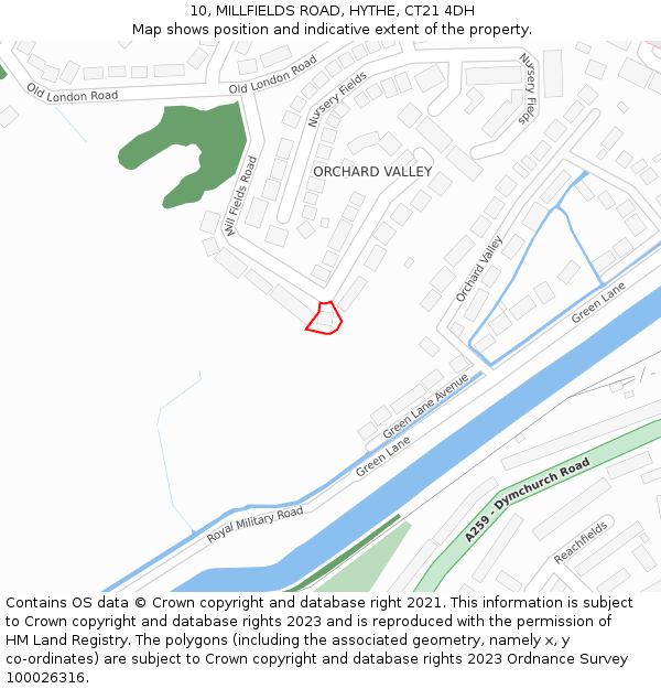 10, MILLFIELDS ROAD, HYTHE, CT21 4DH: Location map and indicative extent of plot