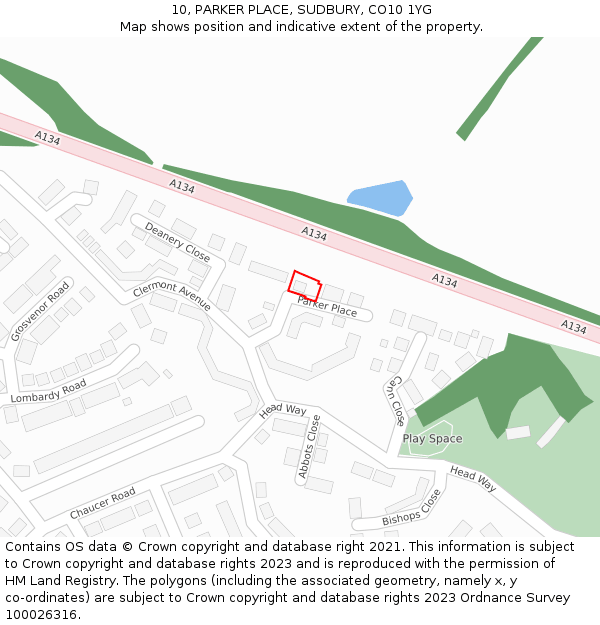 10, PARKER PLACE, SUDBURY, CO10 1YG: Location map and indicative extent of plot