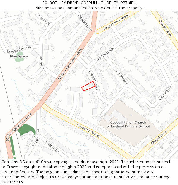 10, ROE HEY DRIVE, COPPULL, CHORLEY, PR7 4PU: Location map and indicative extent of plot