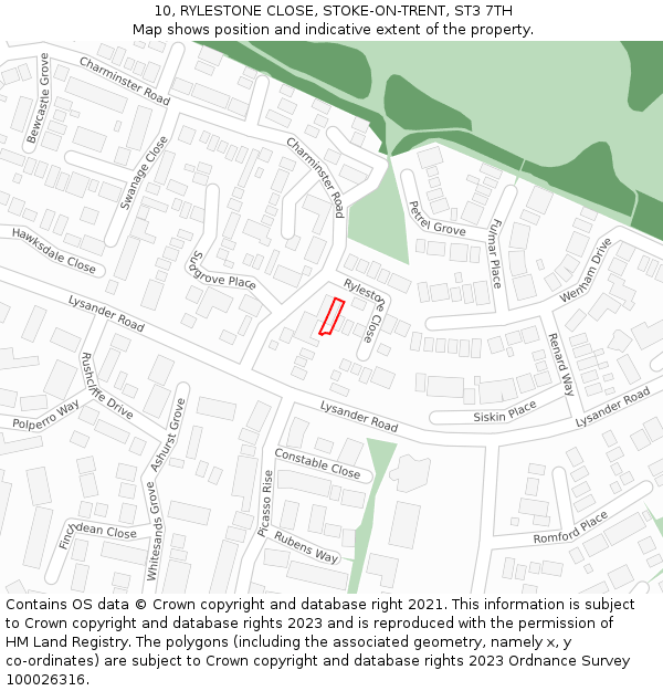 10, RYLESTONE CLOSE, STOKE-ON-TRENT, ST3 7TH: Location map and indicative extent of plot