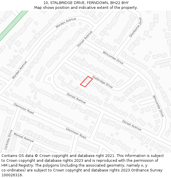 10, STALBRIDGE DRIVE, FERNDOWN, BH22 8HY: Location map and indicative extent of plot