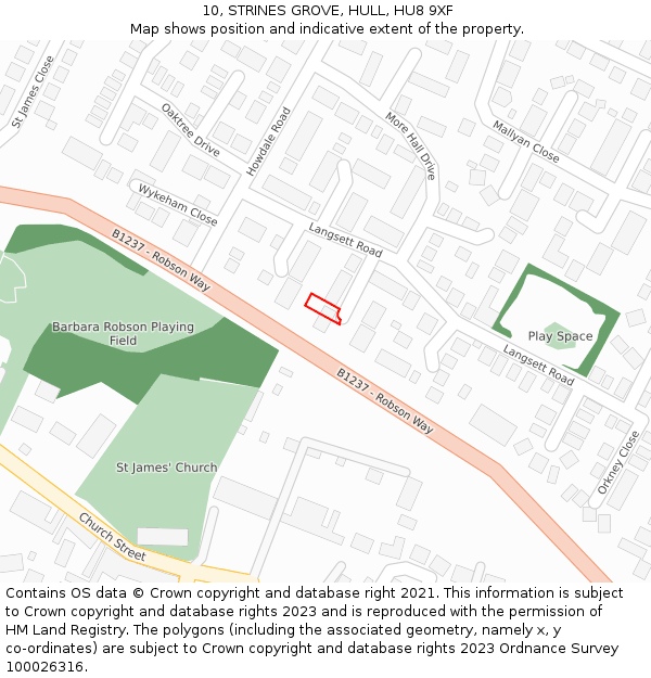 10, STRINES GROVE, HULL, HU8 9XF: Location map and indicative extent of plot