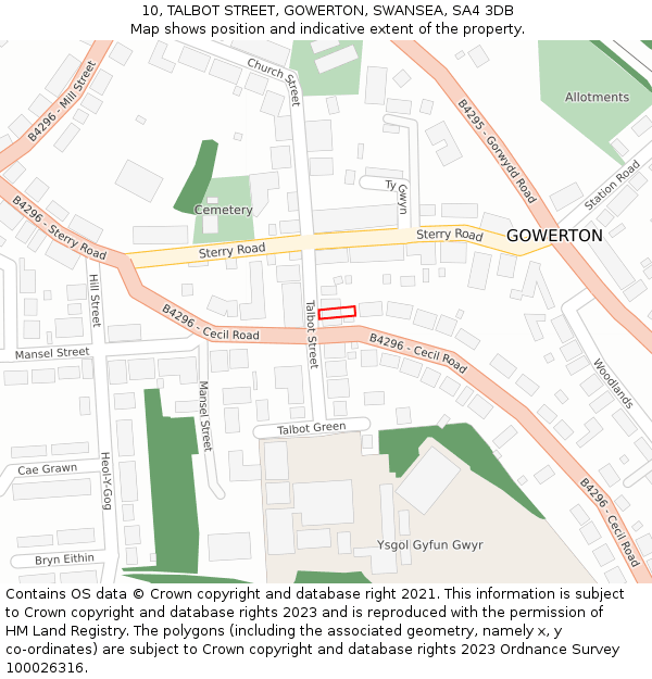 10, TALBOT STREET, GOWERTON, SWANSEA, SA4 3DB: Location map and indicative extent of plot