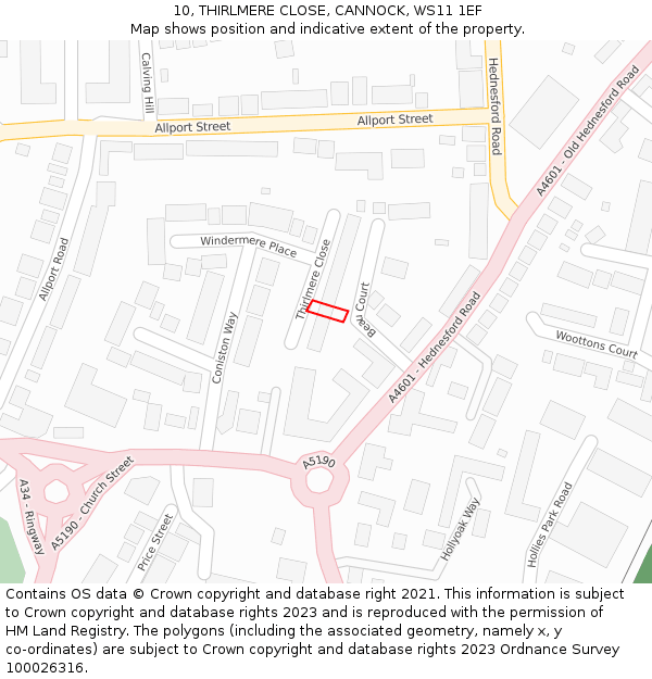 10, THIRLMERE CLOSE, CANNOCK, WS11 1EF: Location map and indicative extent of plot