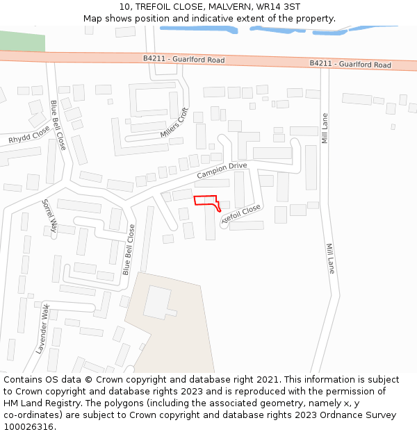 10, TREFOIL CLOSE, MALVERN, WR14 3ST: Location map and indicative extent of plot