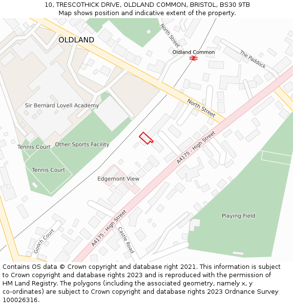 10, TRESCOTHICK DRIVE, OLDLAND COMMON, BRISTOL, BS30 9TB: Location map and indicative extent of plot