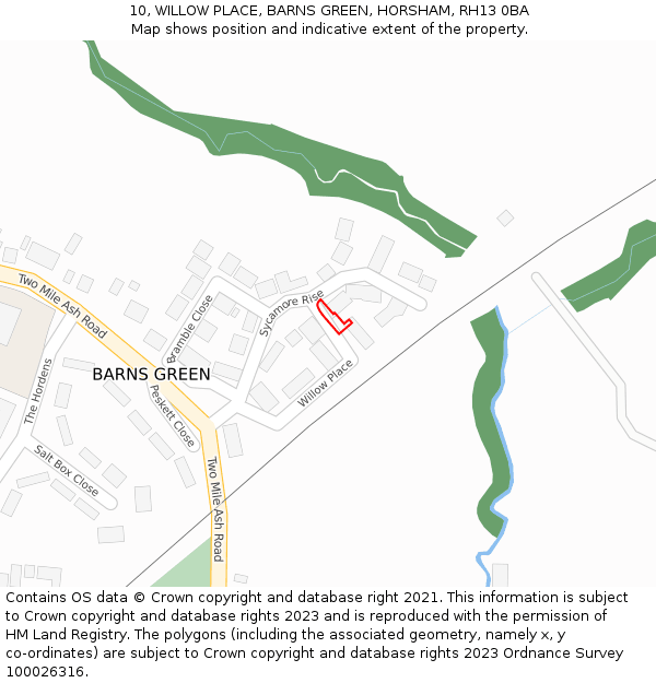 10, WILLOW PLACE, BARNS GREEN, HORSHAM, RH13 0BA: Location map and indicative extent of plot