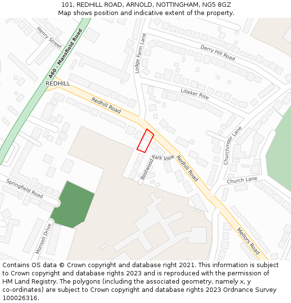 101, REDHILL ROAD, ARNOLD, NOTTINGHAM, NG5 8GZ: Location map and indicative extent of plot