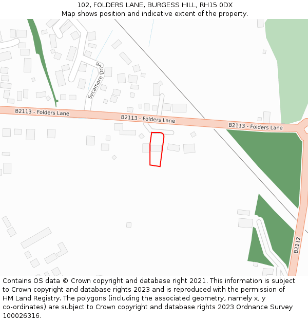 102, FOLDERS LANE, BURGESS HILL, RH15 0DX: Location map and indicative extent of plot