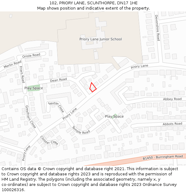 102, PRIORY LANE, SCUNTHORPE, DN17 1HE: Location map and indicative extent of plot