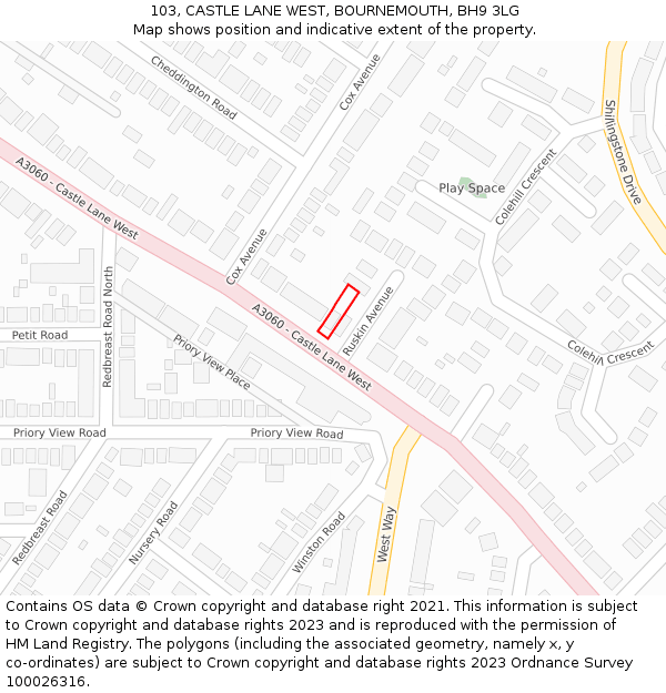 103, CASTLE LANE WEST, BOURNEMOUTH, BH9 3LG: Location map and indicative extent of plot