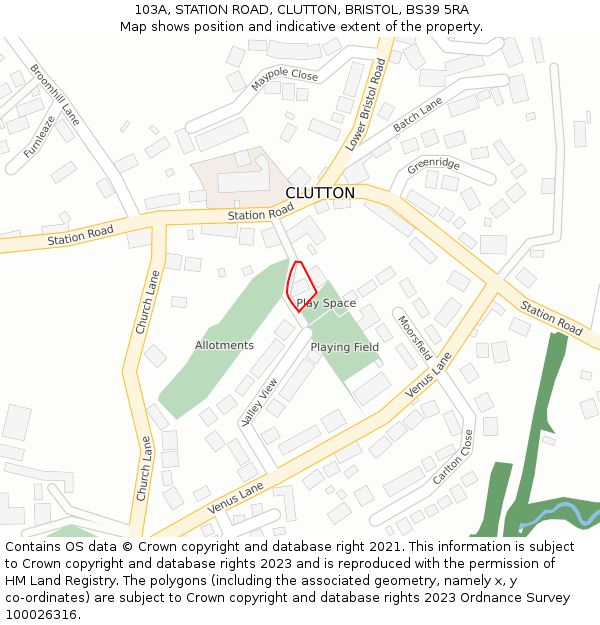 103A, STATION ROAD, CLUTTON, BRISTOL, BS39 5RA: Location map and indicative extent of plot