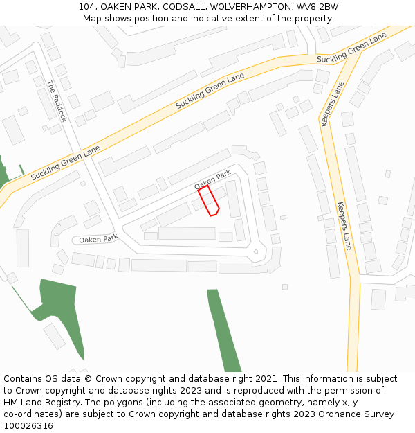 104, OAKEN PARK, CODSALL, WOLVERHAMPTON, WV8 2BW: Location map and indicative extent of plot