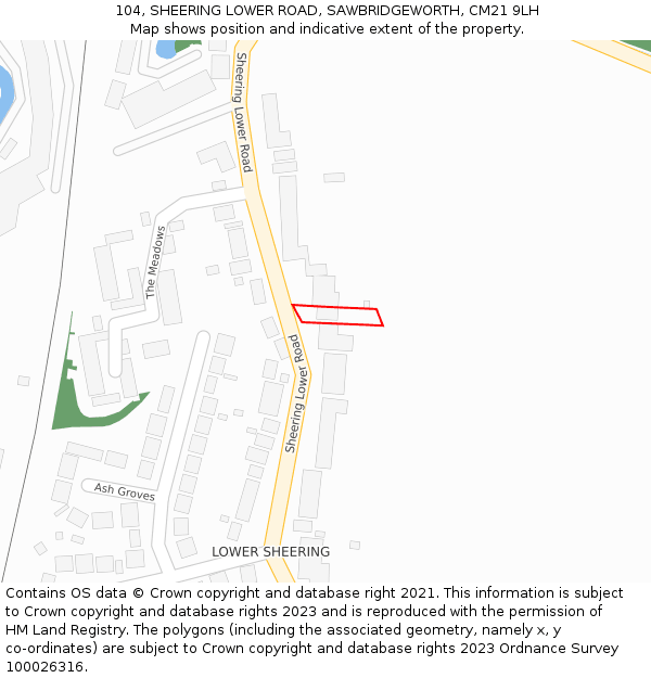 104, SHEERING LOWER ROAD, SAWBRIDGEWORTH, CM21 9LH: Location map and indicative extent of plot