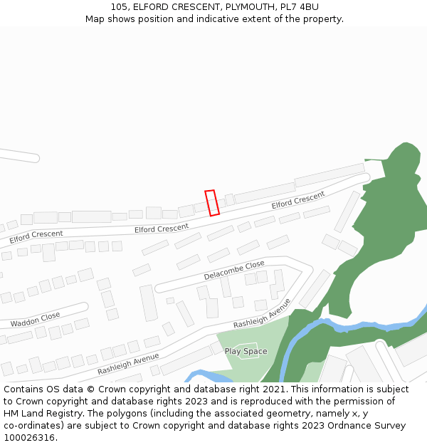 105, ELFORD CRESCENT, PLYMOUTH, PL7 4BU: Location map and indicative extent of plot