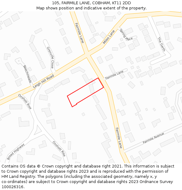 105, FAIRMILE LANE, COBHAM, KT11 2DD: Location map and indicative extent of plot