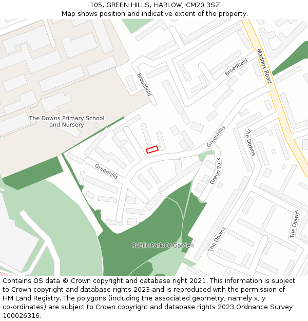 105, GREEN HILLS, HARLOW, CM20 3SZ: Location map and indicative extent of plot