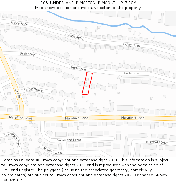 105, UNDERLANE, PLYMPTON, PLYMOUTH, PL7 1QY: Location map and indicative extent of plot