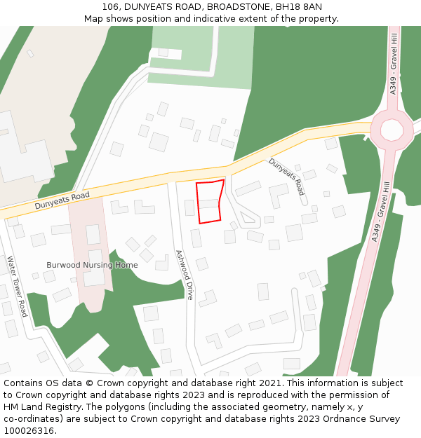 106, DUNYEATS ROAD, BROADSTONE, BH18 8AN: Location map and indicative extent of plot