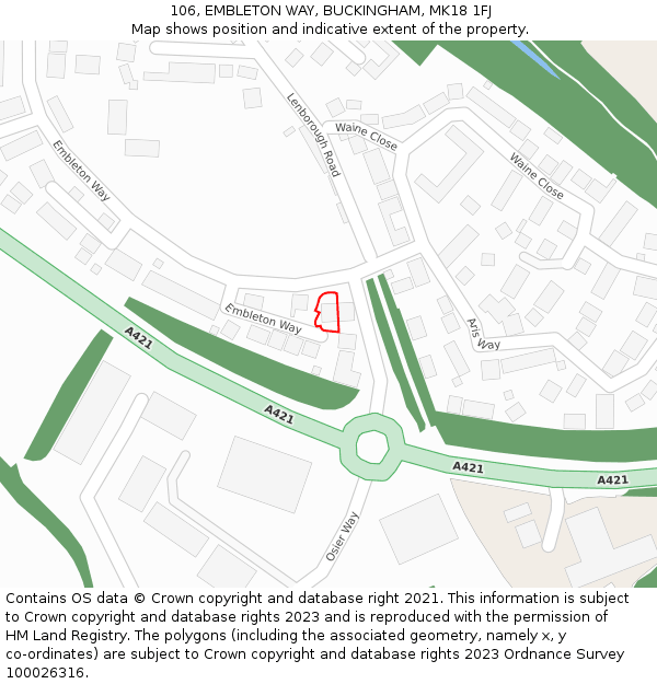 106, EMBLETON WAY, BUCKINGHAM, MK18 1FJ: Location map and indicative extent of plot