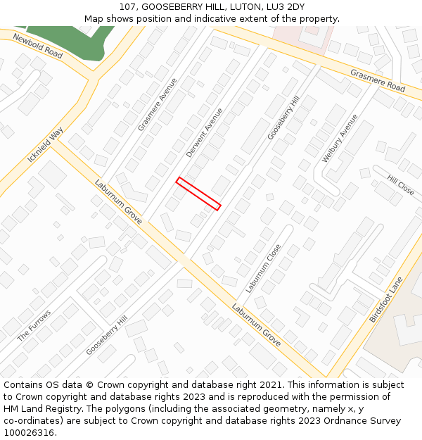 107, GOOSEBERRY HILL, LUTON, LU3 2DY: Location map and indicative extent of plot