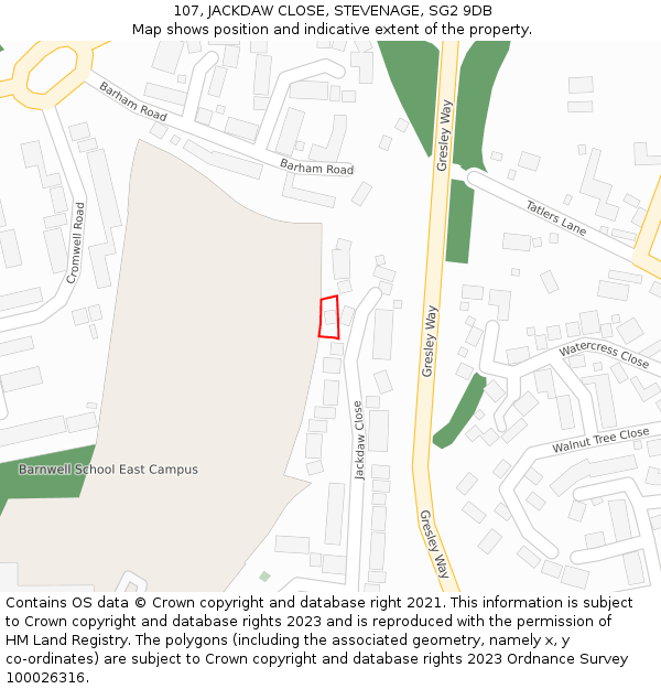 107, JACKDAW CLOSE, STEVENAGE, SG2 9DB: Location map and indicative extent of plot