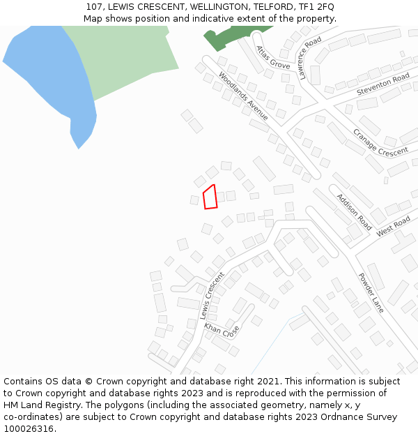 107, LEWIS CRESCENT, WELLINGTON, TELFORD, TF1 2FQ: Location map and indicative extent of plot