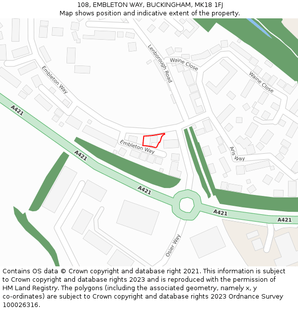 108, EMBLETON WAY, BUCKINGHAM, MK18 1FJ: Location map and indicative extent of plot