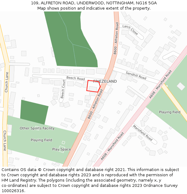 109, ALFRETON ROAD, UNDERWOOD, NOTTINGHAM, NG16 5GA: Location map and indicative extent of plot