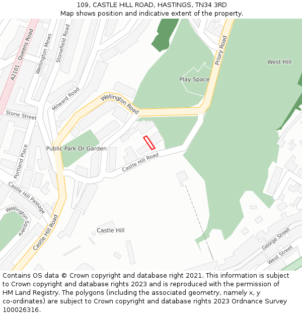 109, CASTLE HILL ROAD, HASTINGS, TN34 3RD: Location map and indicative extent of plot