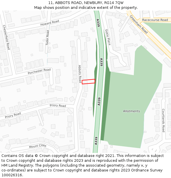 11, ABBOTS ROAD, NEWBURY, RG14 7QW: Location map and indicative extent of plot