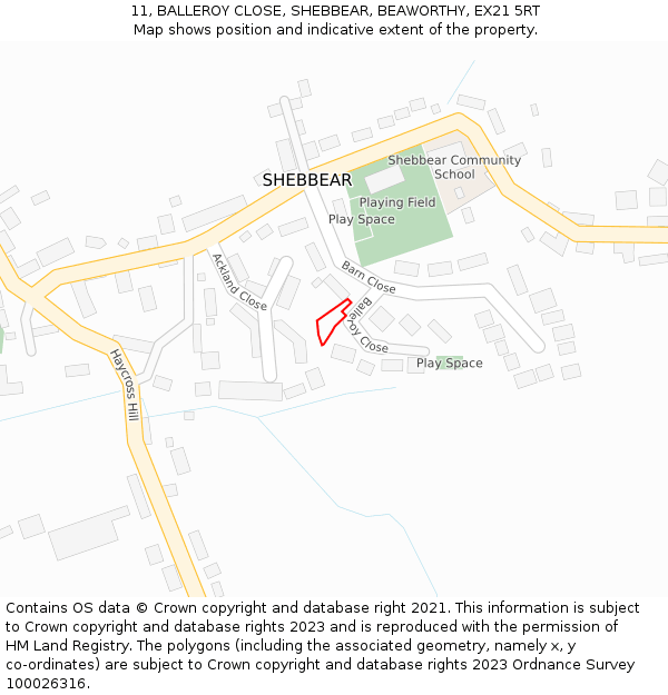 11, BALLEROY CLOSE, SHEBBEAR, BEAWORTHY, EX21 5RT: Location map and indicative extent of plot