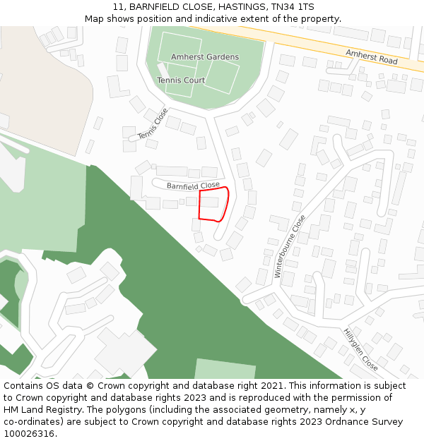 11, BARNFIELD CLOSE, HASTINGS, TN34 1TS: Location map and indicative extent of plot