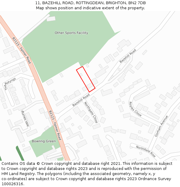 11, BAZEHILL ROAD, ROTTINGDEAN, BRIGHTON, BN2 7DB: Location map and indicative extent of plot