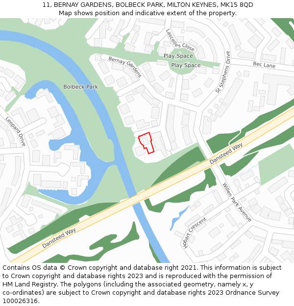 11, BERNAY GARDENS, BOLBECK PARK, MILTON KEYNES, MK15 8QD: Location map and indicative extent of plot