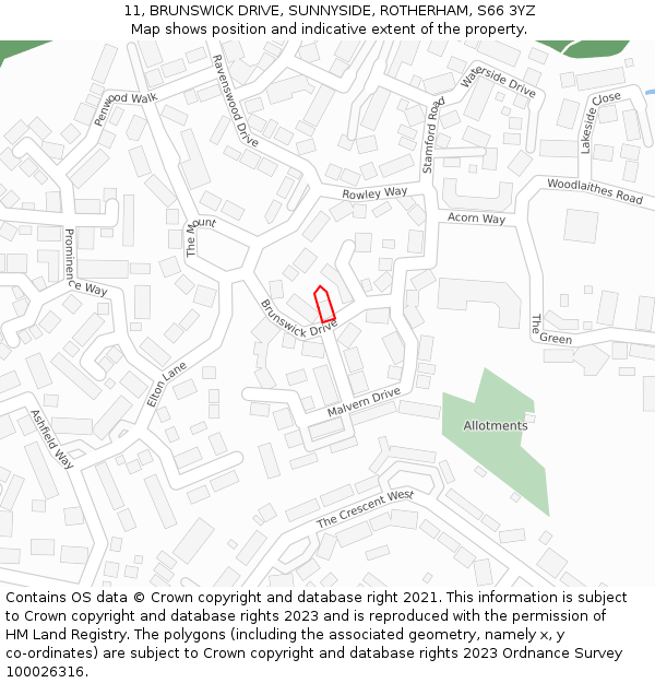 11, BRUNSWICK DRIVE, SUNNYSIDE, ROTHERHAM, S66 3YZ: Location map and indicative extent of plot