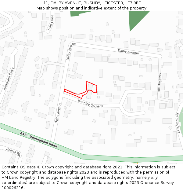 11, DALBY AVENUE, BUSHBY, LEICESTER, LE7 9RE: Location map and indicative extent of plot