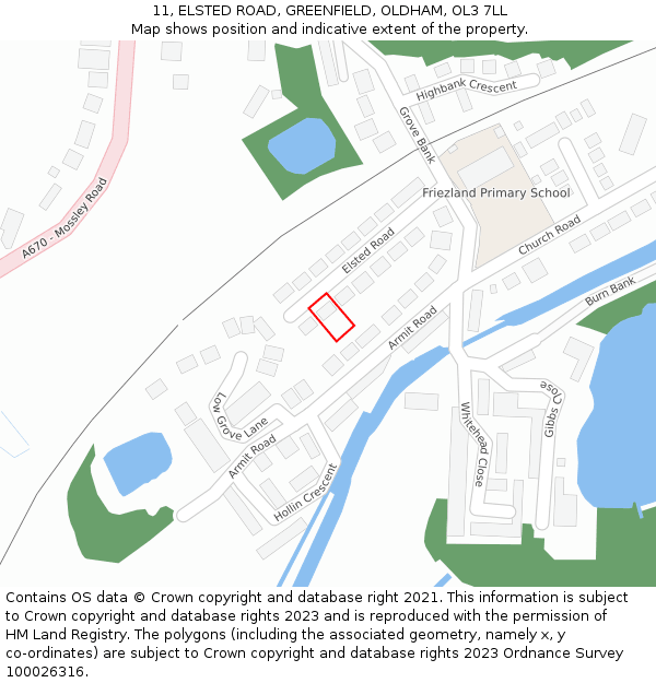 11, ELSTED ROAD, GREENFIELD, OLDHAM, OL3 7LL: Location map and indicative extent of plot