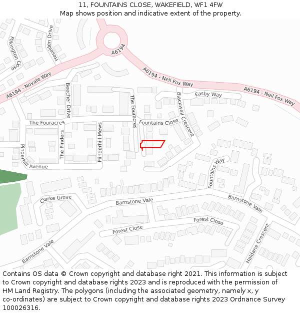 11, FOUNTAINS CLOSE, WAKEFIELD, WF1 4FW: Location map and indicative extent of plot