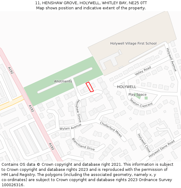 11, HENSHAW GROVE, HOLYWELL, WHITLEY BAY, NE25 0TT: Location map and indicative extent of plot