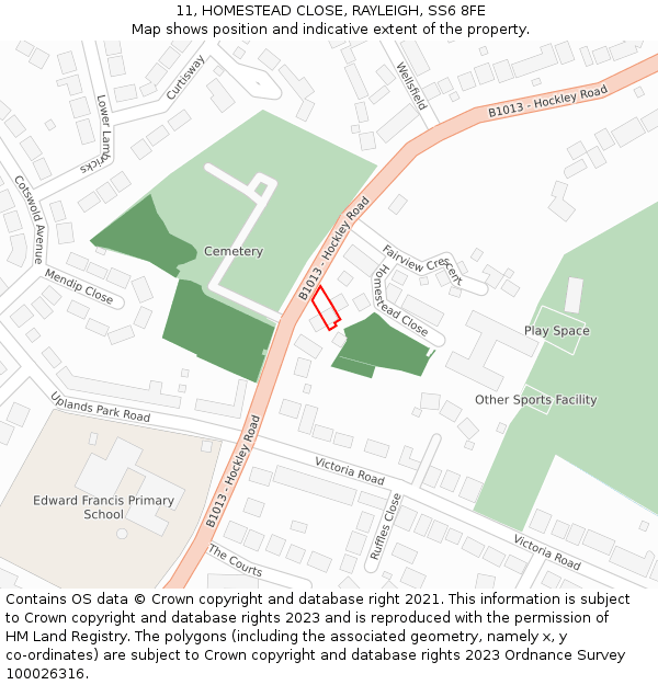 11, HOMESTEAD CLOSE, RAYLEIGH, SS6 8FE: Location map and indicative extent of plot