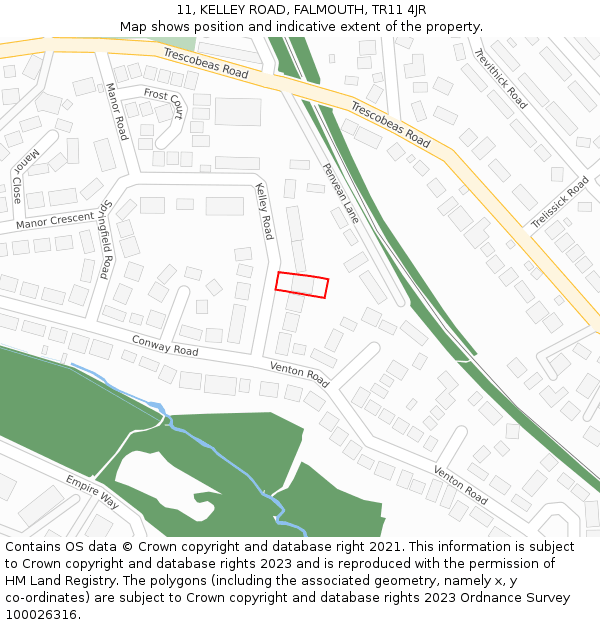 11, KELLEY ROAD, FALMOUTH, TR11 4JR: Location map and indicative extent of plot