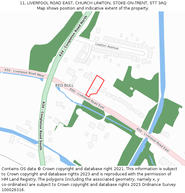 11, LIVERPOOL ROAD EAST, CHURCH LAWTON, STOKE-ON-TRENT, ST7 3AQ: Location map and indicative extent of plot