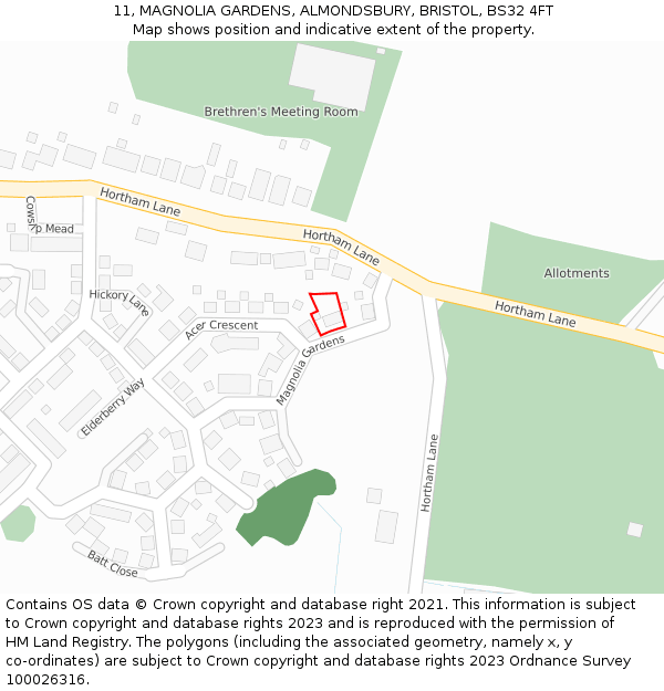 11, MAGNOLIA GARDENS, ALMONDSBURY, BRISTOL, BS32 4FT: Location map and indicative extent of plot