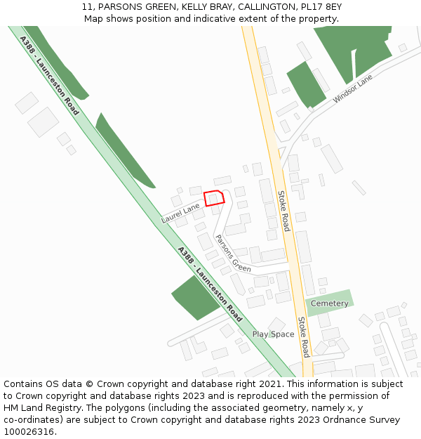 11, PARSONS GREEN, KELLY BRAY, CALLINGTON, PL17 8EY: Location map and indicative extent of plot