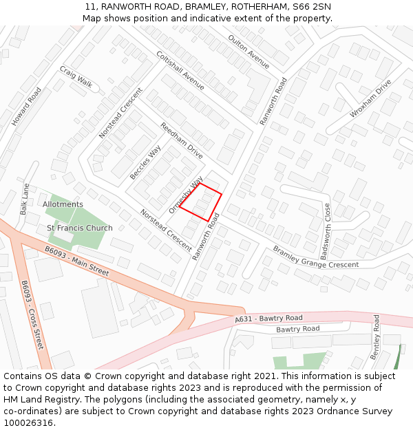 11, RANWORTH ROAD, BRAMLEY, ROTHERHAM, S66 2SN: Location map and indicative extent of plot