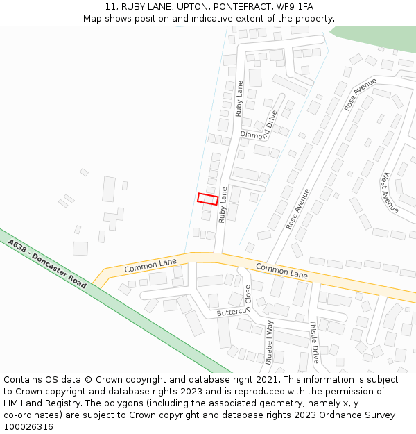 11, RUBY LANE, UPTON, PONTEFRACT, WF9 1FA: Location map and indicative extent of plot