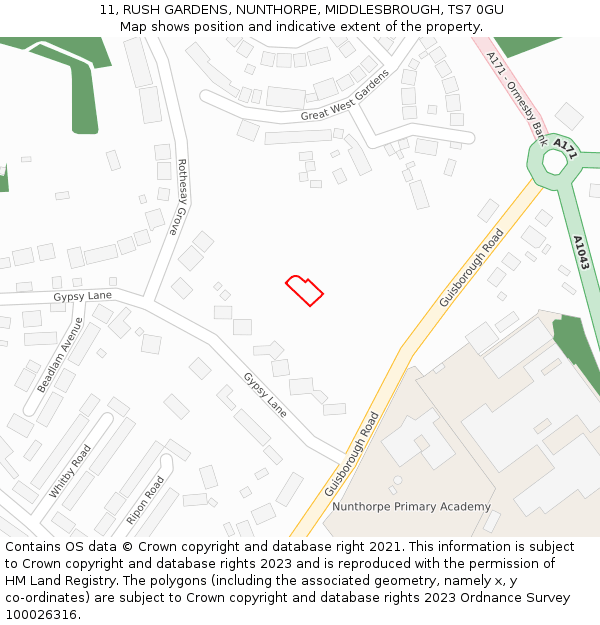 11, RUSH GARDENS, NUNTHORPE, MIDDLESBROUGH, TS7 0GU: Location map and indicative extent of plot