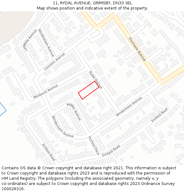 11, RYDAL AVENUE, GRIMSBY, DN33 3EL: Location map and indicative extent of plot