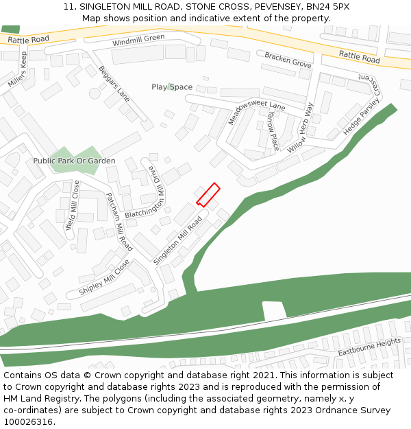 11, SINGLETON MILL ROAD, STONE CROSS, PEVENSEY, BN24 5PX: Location map and indicative extent of plot